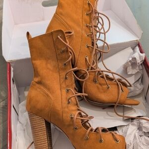 Liliana Caramel Lace-Up High Heel Boots